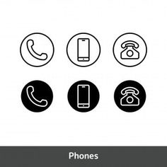 four different types of telephones in black and white circles with the words phones below them