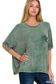 Dark Green / SM Rylee Mineral Wash Ribbed Relaxed Pocket Top - Madison and Mallory Shirt Silhouette, Ribbed Texture, Pocket Top, Round Neck Tops, Denim Overalls, Shoulder Design, Wide Leg Denim, Trendy Colors, Casual Elegance