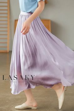 Lasaky - Exquisite Gemstone Glaze Satin Midi Skirt with Flowing Water-Shine Chiffon Pleats and Versatile Adjustable Waist Elegant Flowy Pleated Skirt For Summer, Elegant Purple Pleated Maxi Skirt, Elegant Purple Maxi Skirt For Summer, Elegant Purple Relaxed Maxi Skirt, Purple Elegant Relaxed Fit Maxi Skirt, Flowy Purple Pleated Skirt For Summer, Gauze Skirts, Polyester Skirt, Purple L