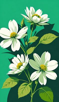 three white flowers on a green background