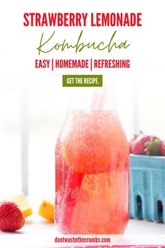 strawberry lemonade kombucha recipe with text overlay