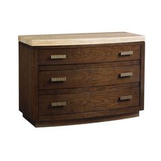 a wooden dresser with three drawers and marble top on it's sides, against a white background