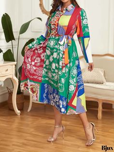 Bjux - Womens Plus Size Retro Lapel Collar Long Dress - Colorblock All Over Print Maxi Dress with Long Sleeves Long Sleeve Multicolor Color Block Dresses, Multicolor Long Sleeve Color Block Dress, Colorful Long Sleeve Patchwork Dress, Green Long Sleeve Dress With Colorful Pattern, Colorful Patchwork Long Sleeve Dress, Maxi Dress With Long Sleeves, Dress With Long Sleeves, Lapel Collar, Printed Maxi Dress