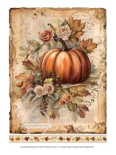 a painting of a pumpkin and flowers on a piece of paper with an old fashioned frame