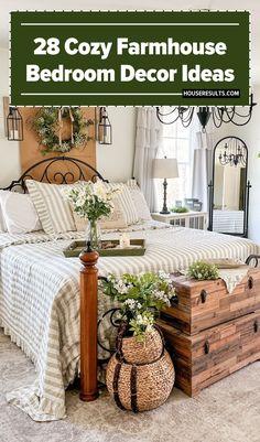 a bed room with a large wooden trunk on the floor next to it and plants