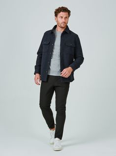 A staple in every well-dressed guy's wardrobe, this jacket is an essential you'll love. This lightweight, comfortable, and easy layering piece will be your go-to. Models are both 6'1" and wear a size medium. Care & Composition Machine wash cold, on Delicate Cycle Hang dry only Cool iron if needed 87% Polyester | 13% Elastane Navy Overshirt Men Outfit, Luxury Men's Shacket With Patch Pockets, Luxury Men's Collared Shacket, Men’s Shacket, Men’s Flannel Jacket, Layering Pieces, Well Dressed, Lifestyle Brands, Shirt Jacket