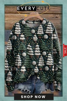 Vintage Christmas Tree Print Knit Pullover Sweater Christmas Crew Neck Knit Sweater, Festive Cozy Crew Neck Sweater, Holiday Crew Neck Sweater With Fair Isle Pattern, Holiday Fair Isle Crew Neck Sweater, Cozy Christmas Sweater With Crew Neck, Cozy Christmas Crew Neck Sweater, Festive Winter Crew Neck Sweater, Cozy Christmas Knit Sweater, Holiday Crew Neck Knit Sweater