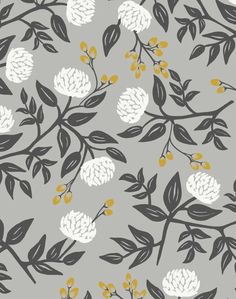 a gray and white floral wallpaper with yellow flowers on the stems, leaves and buds