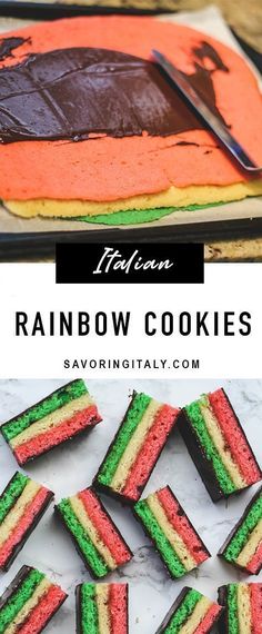 rainbow cookies with chocolate frosting and sprinkles in the shape of an american flag