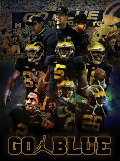 the green bay packers and their football team are all wearing gold on their uniforms in this poster