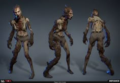 three renderings of an alien man with blue light on his face and body, in various poses