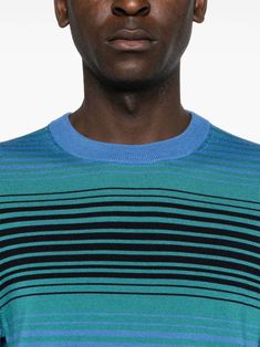 green/multicolour merino wool fine knit horizontal stripe pattern ribbed trim crew neck long sleeves straight hem This item is in size L and the color is Blue Blue Crew Neck Sweater With Horizontal Stripes, Sweaters Blue, Striped Crewneck, Men's Sweaters, Wool Jumper, Fine Knit, Paul Smith, Pet Hair, Blue Sweaters