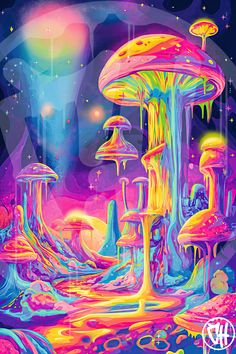 Hq psychedelic wall art. watermarks removed upon download. Trippy Neon Art Prints, Sensory Art Mushroom, Eyestrain Art, Neon Colour Palette, Mushroom Wallpaper, Trippy Designs, Black Light Posters, Rainbow Magic, Trippy Wallpaper