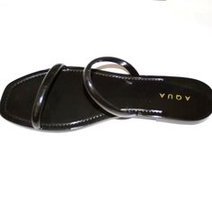 Aqua Womens Flat Jelly Sandal Shoes Black Sz 5 Slip On Two Strap Black Round Toe Flip Flops, Trendy Black Flat Heel Mules, Black Open Toe Mules For Beach, Black Flat Flip Flops For Spring, Black Slip-on Mules For Summer, Black Flat Heel Mules For Summer, Casual Black Flat Mules, Black Open Toe Casual Mules, Casual Black Open Toe Mules