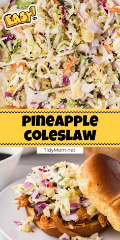 this pineapple coleslaw salad is loaded with shredded cabbage, carrots and onions