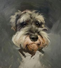 an oil painting of a dog's face on a gray background, looking at the camera