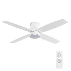 a white ceiling fan and remote control on a white background with the light turned off