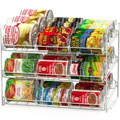 a metal spice rack holding canned food and condiments