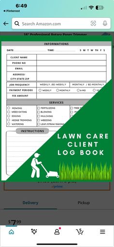 the lawn care logbook is open on an iphone screen, and it's being displayed