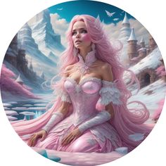 a woman with pink hair sitting in front of a castle and ice covered mountain landscape