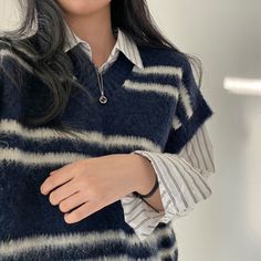 Vintage Striped Oversized Knitted Vest Navy Casual Sweater For Layering, Navy Casual Sweater Vest For Fall, Oversized Knitted Vest, Gothic Tops, Christmas Outfits Women, Female Style, Knitted Vest, Stage Costume, Sweater Crop