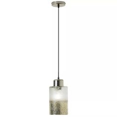 a light that is hanging from a ceiling fixture with a glass shade on it's side