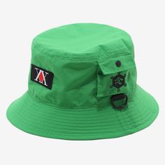 a green hat with an x on the side and a black patch at the top