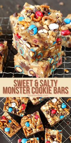 sweet and salty monster cookie bars on a cooling rack with the title text above it