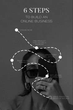 a woman in sunglasses looking at her cell phone with the text 6 steps to build an online business