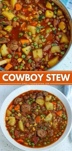 two pictures showing different types of stew in the same bowl, with text overlay that reads cowboy stew