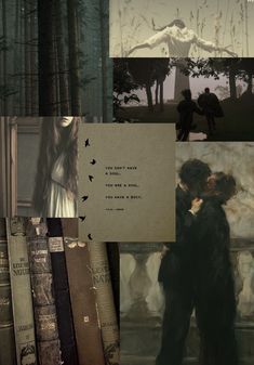 a collage of photos with books and people in the background, including an image of a man kissing a woman's head