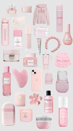 the contents of an assortment of pink products on a white background, including perfumes and handbags