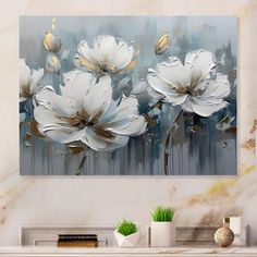 white flowers on a blue background in a living room