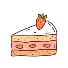 a piece of cake with a strawberry on top is shown in this hand drawn illustration