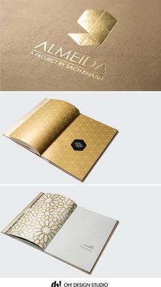 an open brochure with gold foil on the front and back cover, which is also