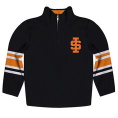 Idaho State  University Bengals ISU Vive La Fete Game Day Black Quarter Zip Pullover Stripes on Sleeves - Vive La Fête - Online Apparel Store Idaho State University, Monday's Child, Black Quarter Zip, Idaho State, Fleece Quarter Zip, Quarter Zip Jacket, Black Fleece, Quarter Zip Pullover, Printed Leggings