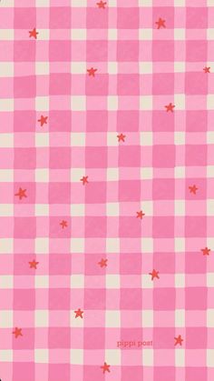 a pink and white checkered table cloth with stars on it