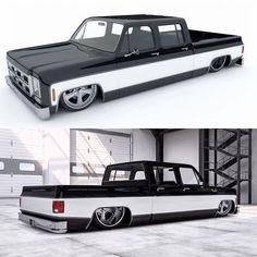 an old pickup truck is shown in two different photos, one black and the other white