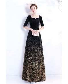 Buy black gold ombre sequins formal party dress with square neckline at wholesale price online. Free shipping and pro custom service since 2009. Simple Black Prom Dress Gold, Squibs Dresses Gold And Black, Black And Gold Dress Formal, Black And Gold Gala, Indian Prom Dresses, Black Tie Event Outfit, Sequence Skirt, Royalty Dr, Dress With Square Neckline