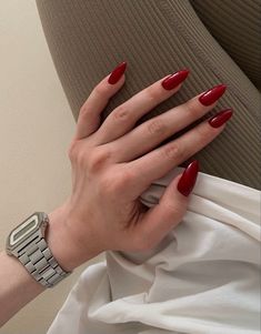 Red Nails Soft Gel, Long Almond Red Nails, Nails 2024 Red, Red Nails 2024, New Years Nails Red, Long Red Nail Ideas, Red Gel X Nails, Red New Years Nails, Red Aesthetic Nails