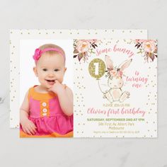 Pink Gold Bunny Photo 1st Birthday Invitation Bunny 1st Birthday, Bunny Photo, Birthday Bunny, Invitation Photo, Easter Invitations, Spring Birthday, Photo Birthday Invitations, 2nd Birthday Invitations, Bunny Birthday