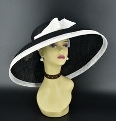 M22025 Black White Hat Audrey Hepburn Hat 19.75 Jumbo Wide Brim Sinamay Hat - Etsy White Brimmed Fedora For Kentucky Derby, White Straw Hat With Curved Brim, Black Hat With Curved Brim For Royal Ascot, Black Curved Brim Hat For Royal Ascot, Chic White Hat Bands With Curved Brim, White Fedora Sun Hat For Formal Events, Black Curved Brim Hats For Races, Black High Crown Hat For Summer, Black Wide Brim Hat For Royal Ascot