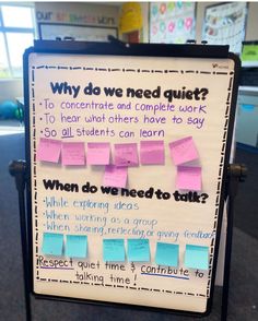 a sign with sticky notes attached to it that says why do we need quiet?