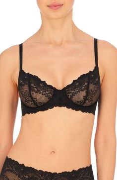 Sheer floral lace with scalloped edges creates a beautiful neckline in this strategically seamed balconette bra with straps that convert to expand your options. Soft cups Back J-hook converts straps to racerback 85% nylon, 15% Lycra® spandex Hand wash, line dry Imported Elegant Underwire Bra With Scalloped Lace, Elegant Black Bra With Sweetheart Neckline, Fitted Balconette Bra With Lace Trim, Fitted Balconette Bra With Removable Pads, Fitted Lace Balconette Bra, Elegant Lace Bra With Partial Lining, Elegant Lace Bra Partially Lined, Elegant Fitted Bra With Lace Trim, Classic Lace Fitted Bra