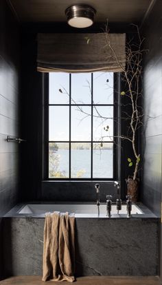 a bath tub sitting under a window next to a tree in front of a large window