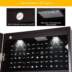 two automatic led lights are on display in a black case with buttons and other items