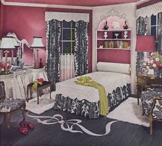 the bedroom is decorated in pink and white