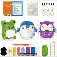 crochet kit with owl, frog and turtle