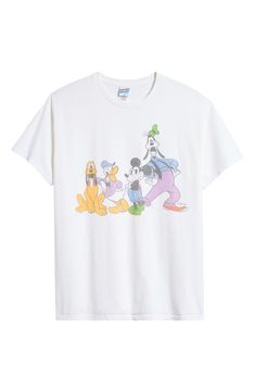 A faded graphic featuring your favorite friends details the front of this crewneck T-shirt crafted from pure cotton in a relaxed fit. Crewneck Short sleeves 100% cotton Machine wash, tumble dry Imported Disney Character Print Cotton T-shirt, Disney Crew Neck T-shirt For Summer, White Disney Crew Neck T-shirt, Disney Graphic Print Crew Neck T-shirt, Disney Cotton T-shirt With Cartoon Print, Disney Cotton T-shirt For Fans, Summer Disney Cotton T-shirt, Disney Crew Neck T-shirt For Streetwear, Disney Cotton Crew Neck T-shirt