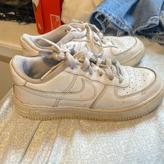 They Are A Youth 5 But Fit A Women’s 7-7.5 Would Look Brand New With A Cleaning. Minimal Creasing. Only Wore A A Couple Times But Worn At The Fair Hence Why So Dirty. Casual Nike Air Force 1 Low-top, Casual Nike Air Force 1 With Round Toe, Casual Nike Air Force 1 Sneakers, Dirty Shoes, White Tennis Shoes, The Fair, Nike White, Kids Nike, White Nikes